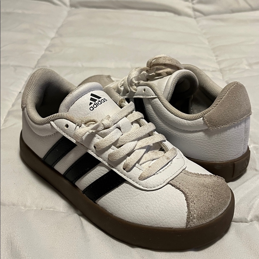Adidas Classic White and Black Sneakers with Brown Sole